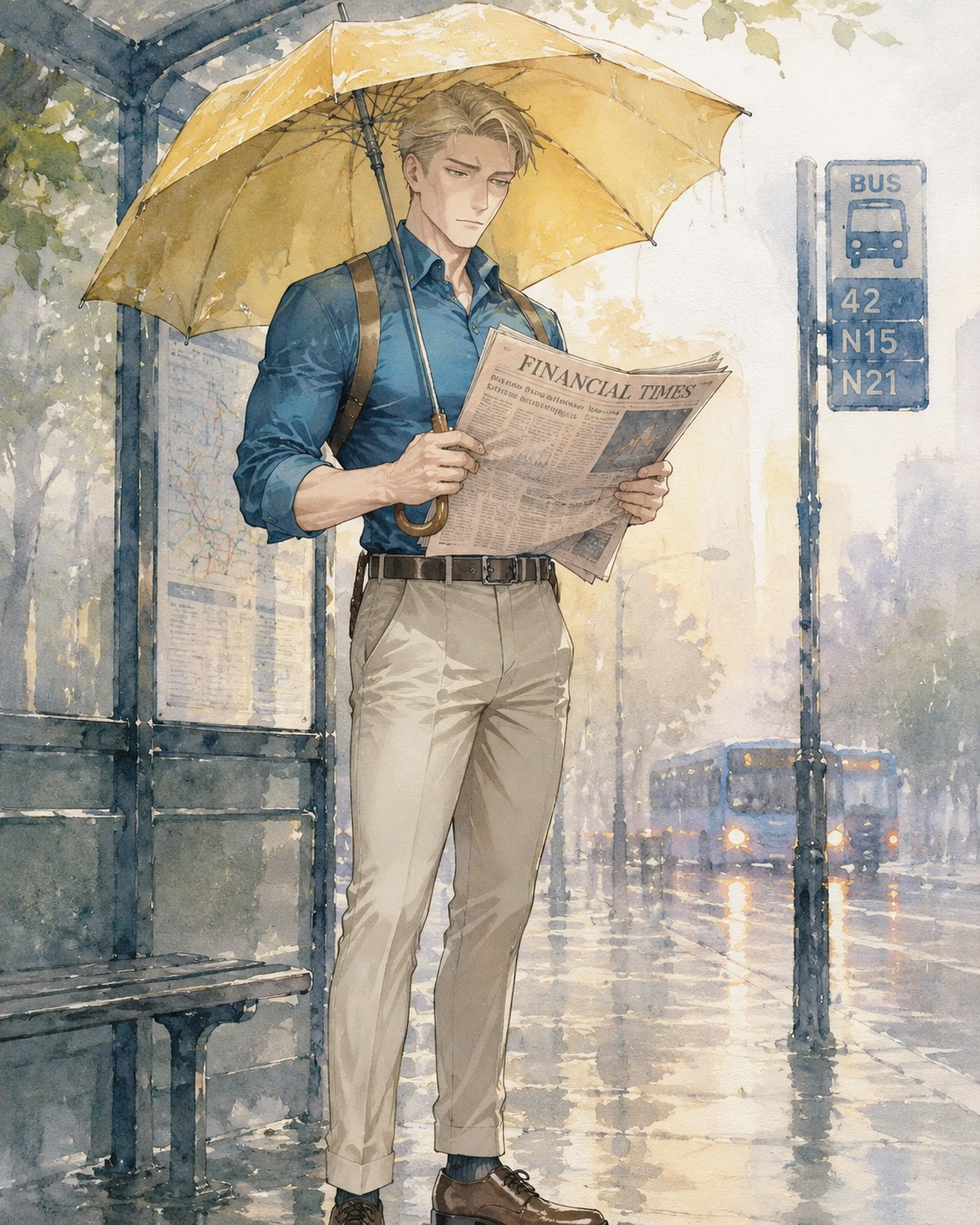 Reading a financial newspaper calmly At a rainy bus stop under a yellow umbrella (watercolor anime, soft morning light)