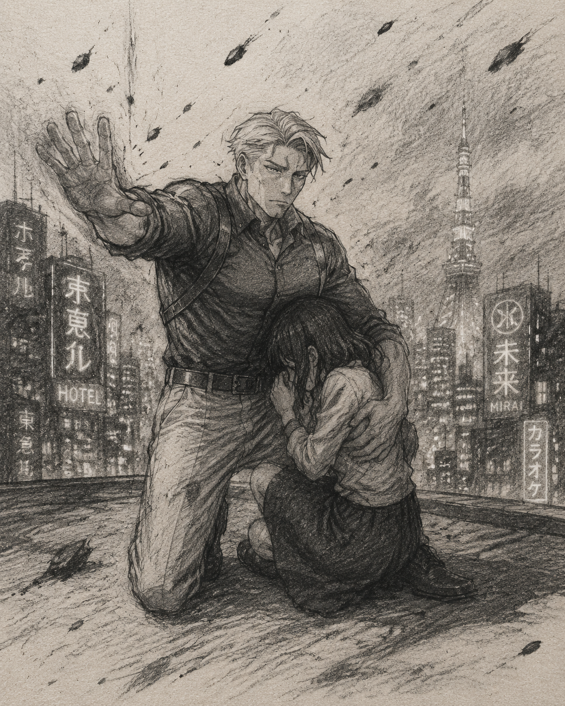 Shielding a civilian from flying debris On a rooftop overlooking a neon Tokyo skyline (minimalist charcoal sketch on rough textured paper)