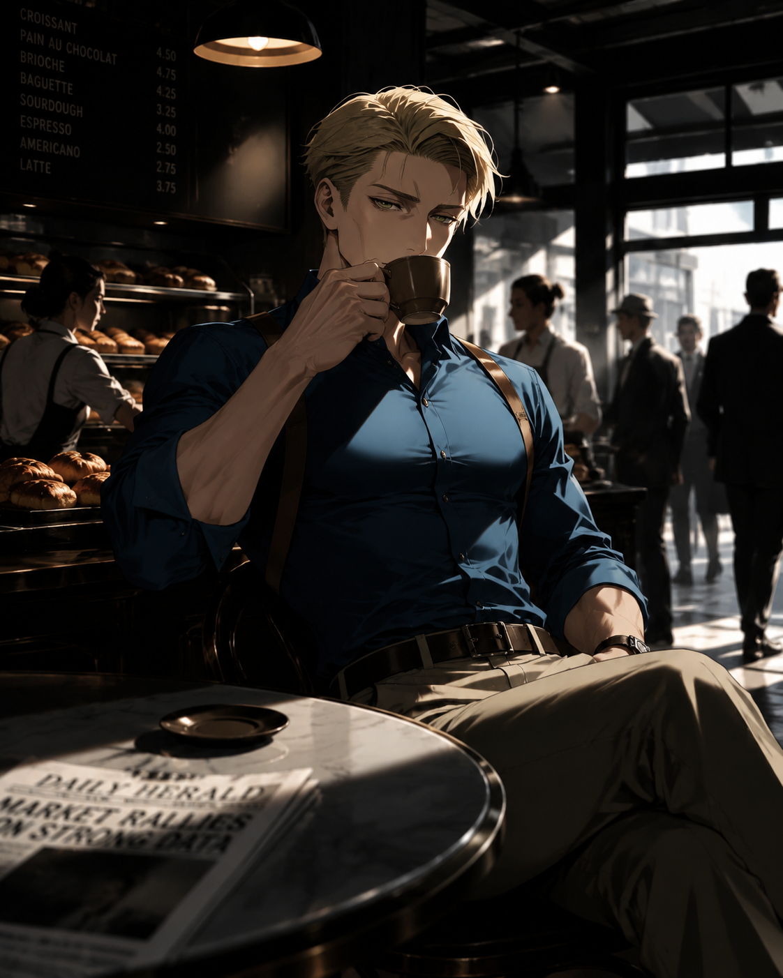 Sipping a dark roast espresso At a quiet bakery during the morning rush (cinematic noir, sharp shadows and high contrast)