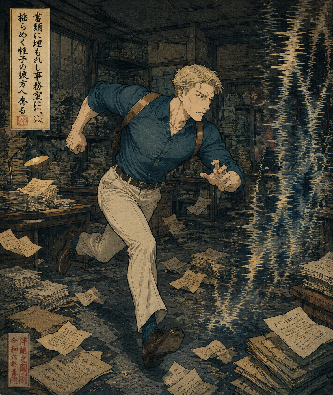 Sprinting toward a flickering veil In a dimly lit office surrounded by paperwork (traditional ukiyo-e woodblock print style)