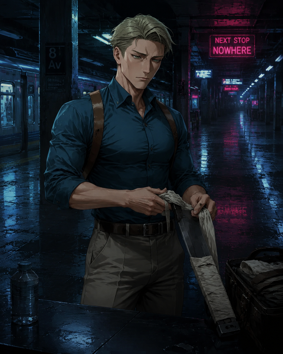 Wrapping his signature blunt blade in cloth In a sterile underground subway station (moody cyberpunk, neon glow and rainy textures)