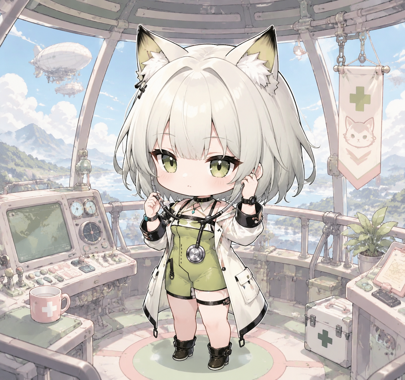Adjusting her medical stethoscope On the bridge of the landship (chibi cute, pastel colors)