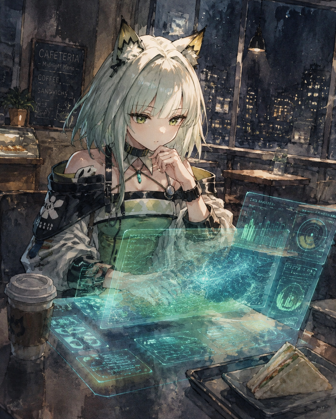 Analyzing complex holographic data maps At a quiet midnight cafeteria corner (watercolor anime, soft lighting)