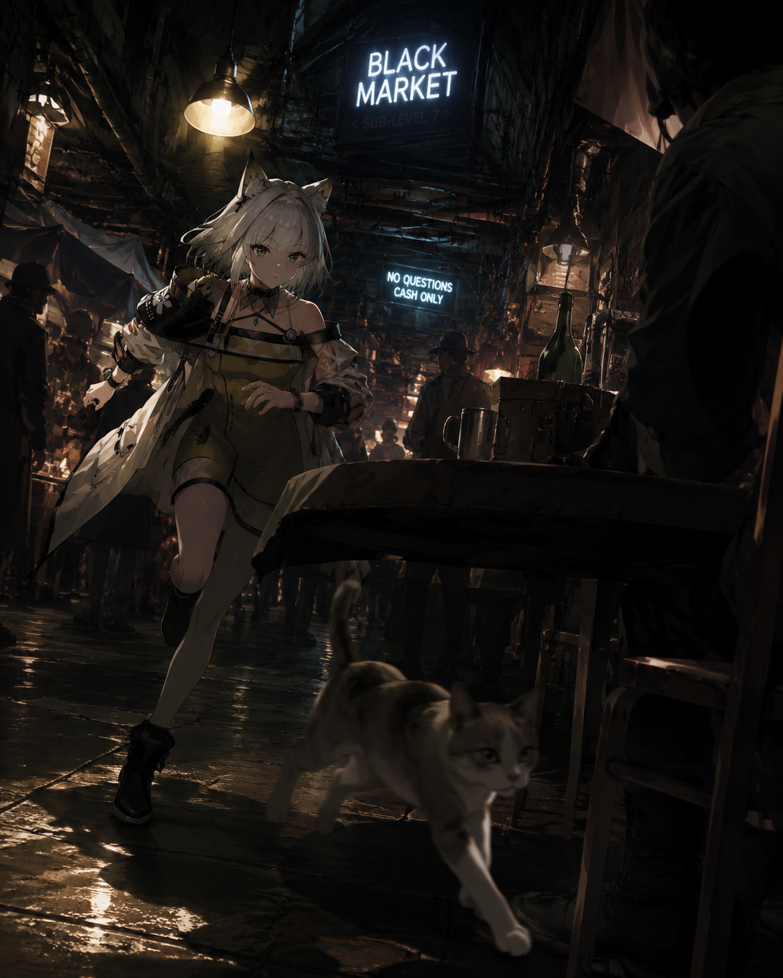 Chasing a stray cat around a table At a bustling subterranean black market (cinematic noir, dramatic shadows)
