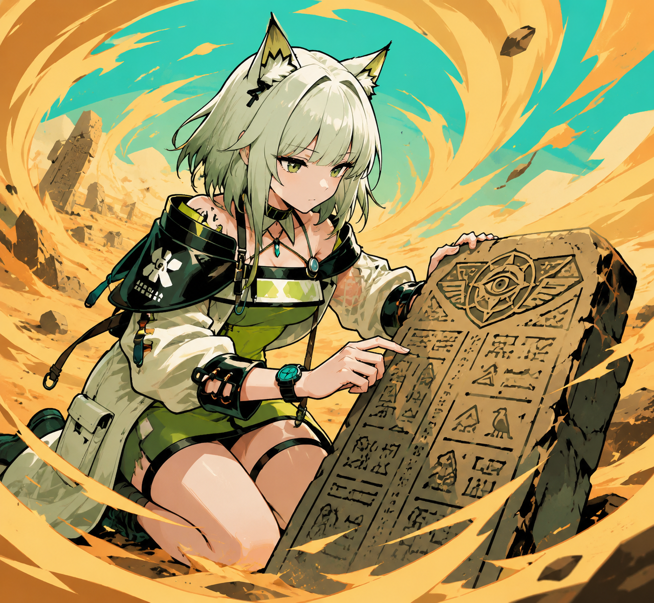 Deciphering ancient script on a stone tablet In the middle of a swirling sandstorm (flat vector illustration, vibrant pop)