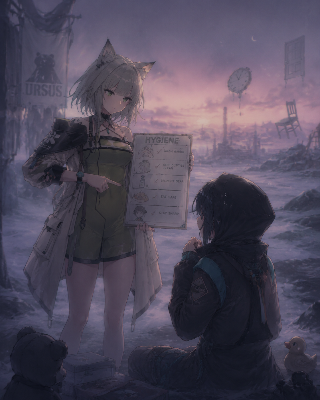 Lecturing a nervous operator about hygiene In a frozen Ursus wasteland at dusk (ethereal dreamcore, hazy lighting)