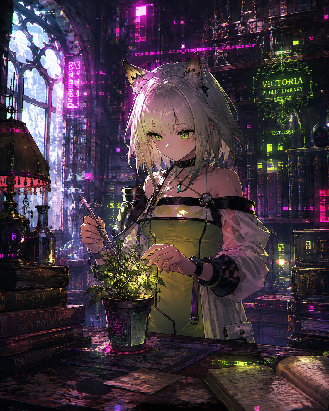 Tending to a small potted plant At a dusty library in Victoria (cyberpunk glitch art, neon glows)