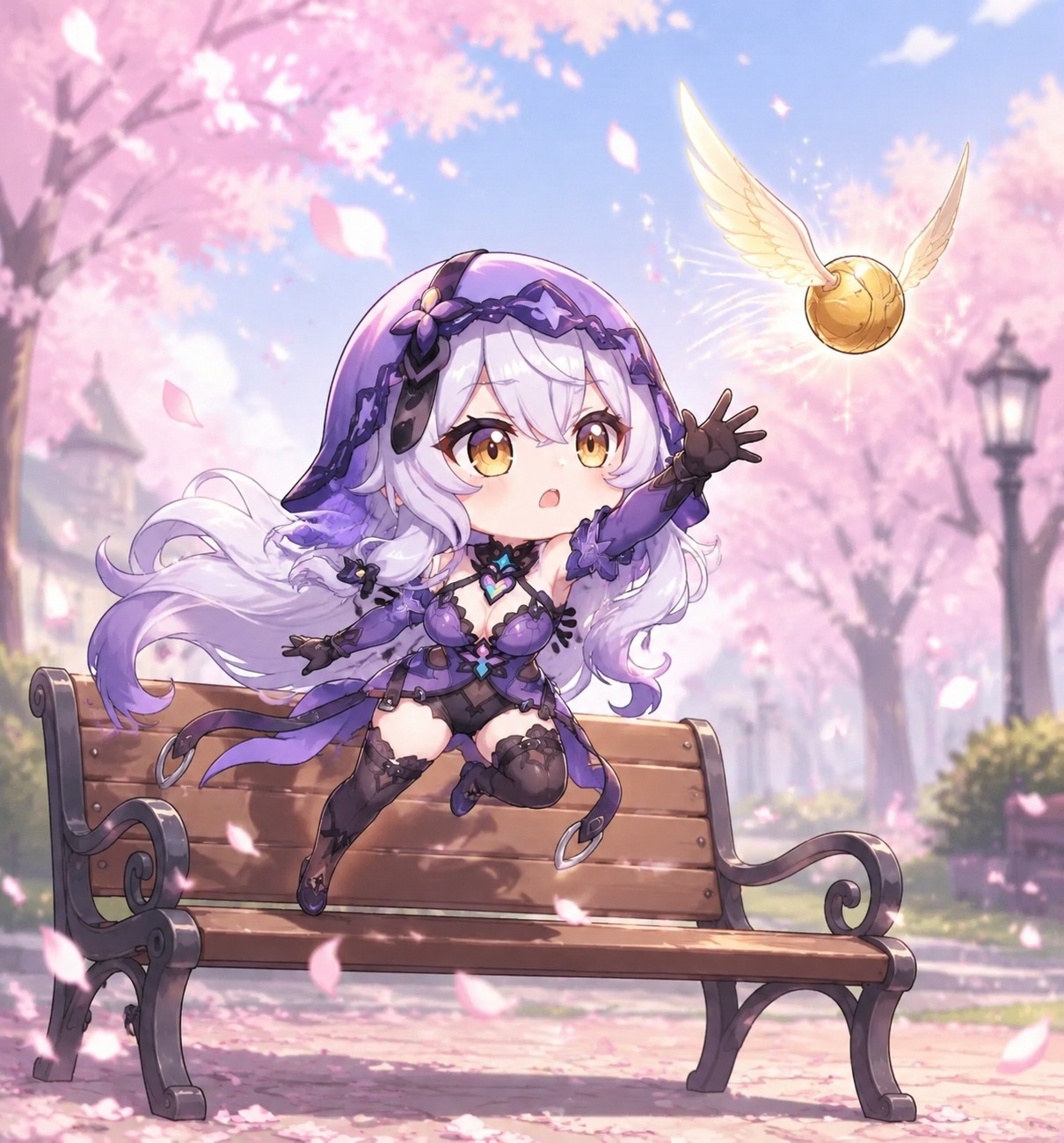 Chasing a floating golden snitch in a game On a park bench during a gentle cherry blossom flurry (chibi style, cute proportions and pastel colors)