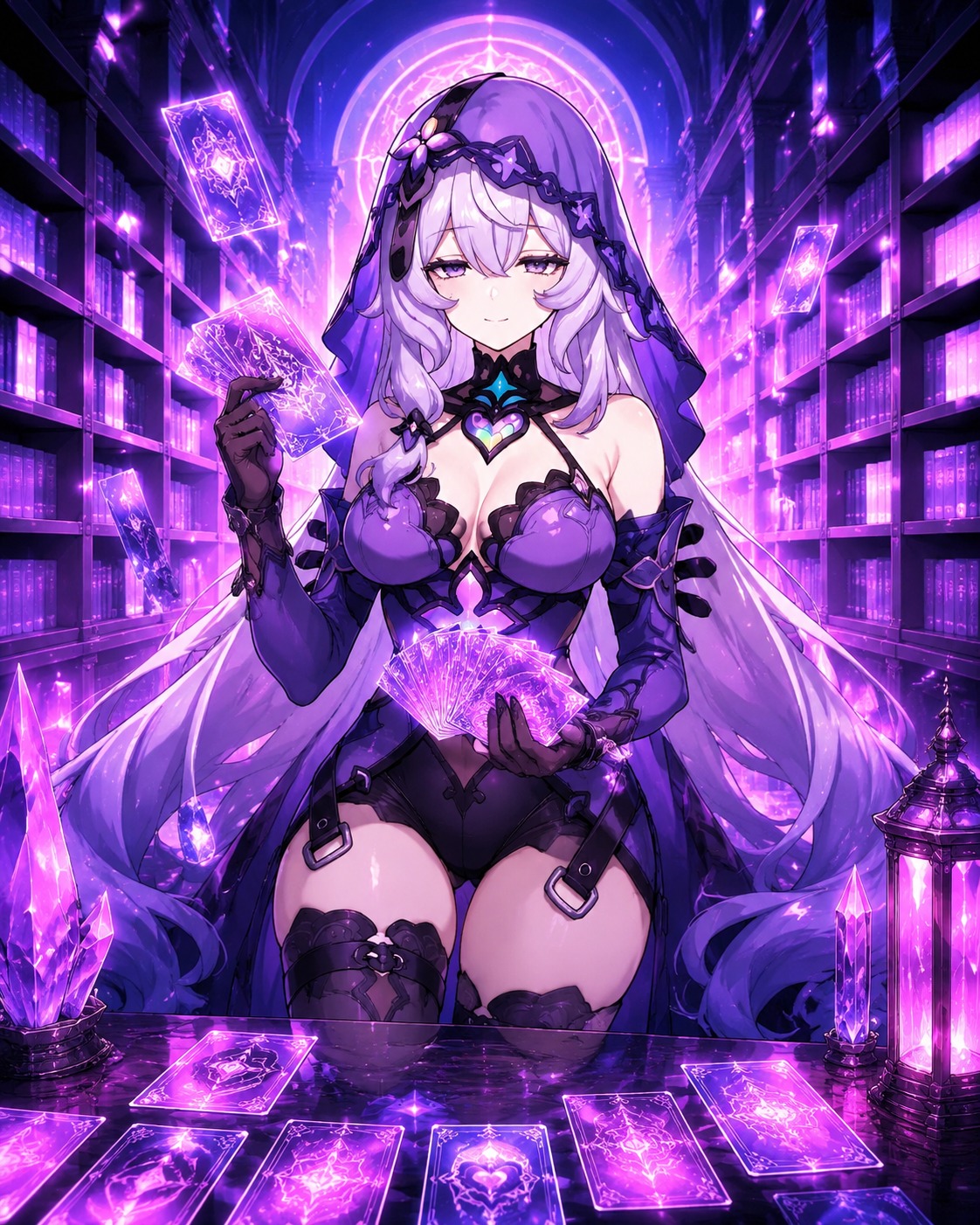 Flipping through a deck of crystalline tarot cards In a quiet library of infinite blank books (vibrant synthwave, neon pink and violet glows)