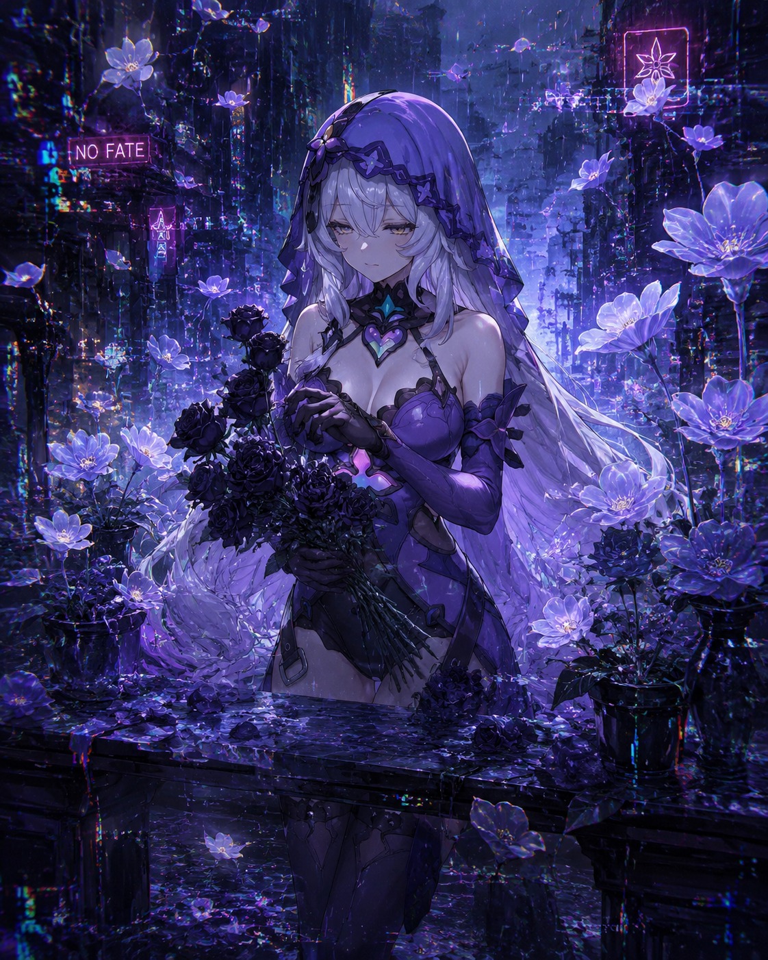 Rearranging a bouquet of withered black roses In a floating garden filled with translucent flowers (gritty cyberpunk, rainy streets and glitch effects)