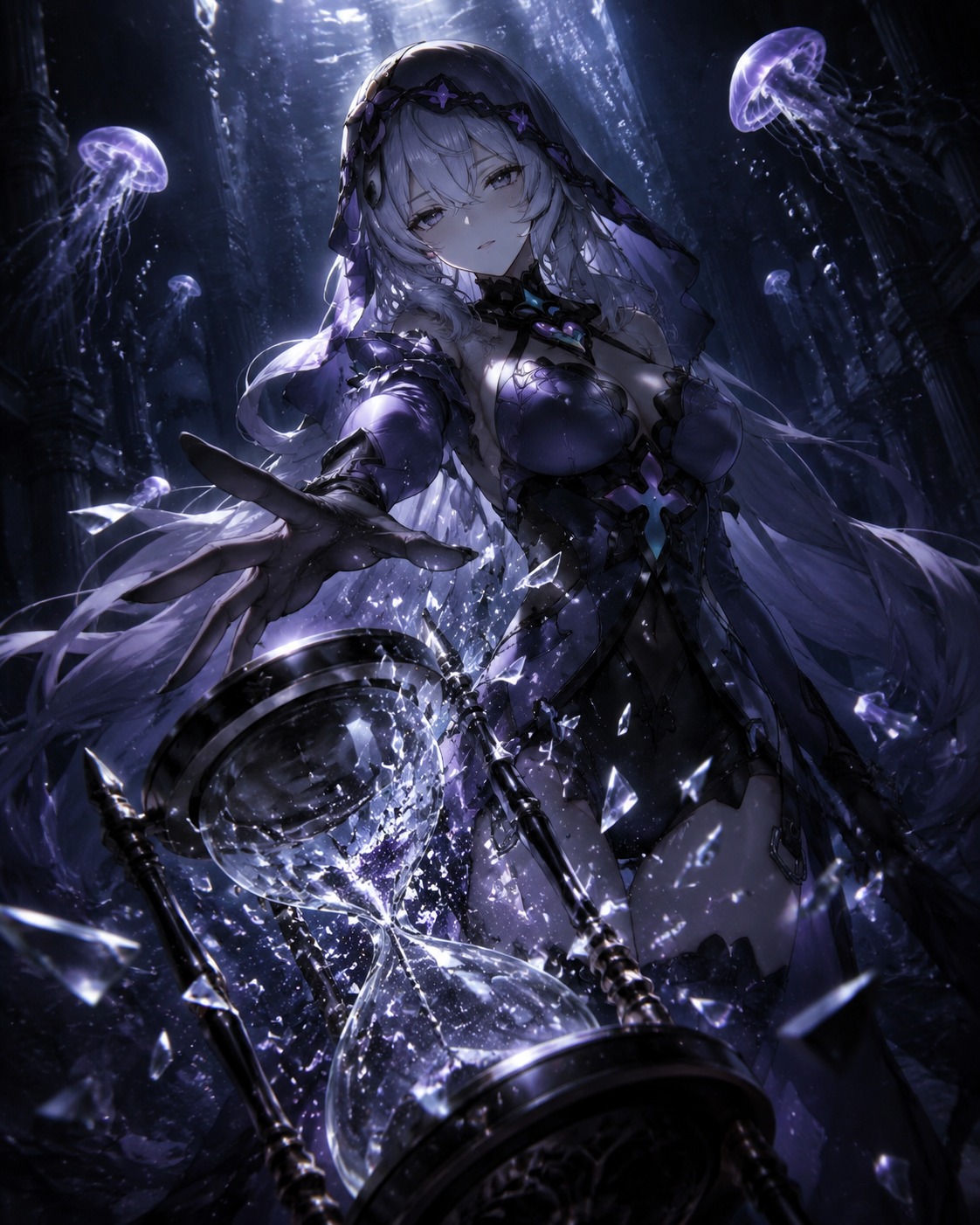 Shattering a glass hourglass with a single touch In a submerged temple surrounded by glowing jellyfish (cinematic noir, dramatic shadows and silver highlights)
