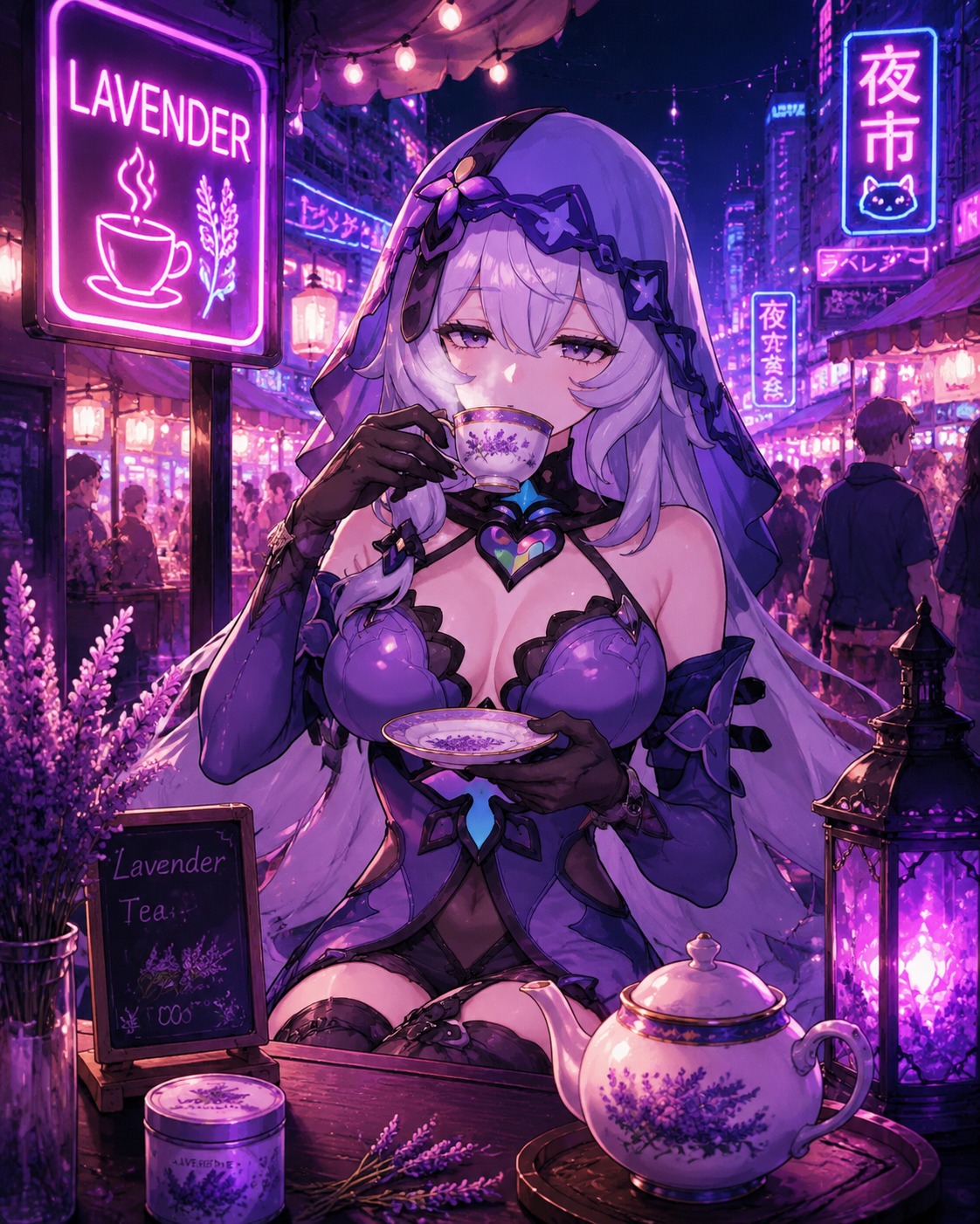 Sipping fragrant lavender tea from a porcelain cup At a bustling neon-lit night market stall (vibrant synthwave, neon pink and violet glows)