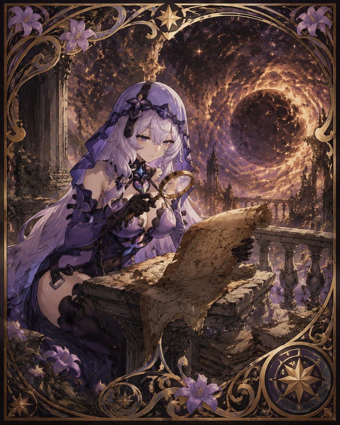 Studying a dusty ancient scroll with a magnifying glass On a crumbling balcony overlooking a dying star (intricate Art Nouveau, gold leaf and swirling patterns)