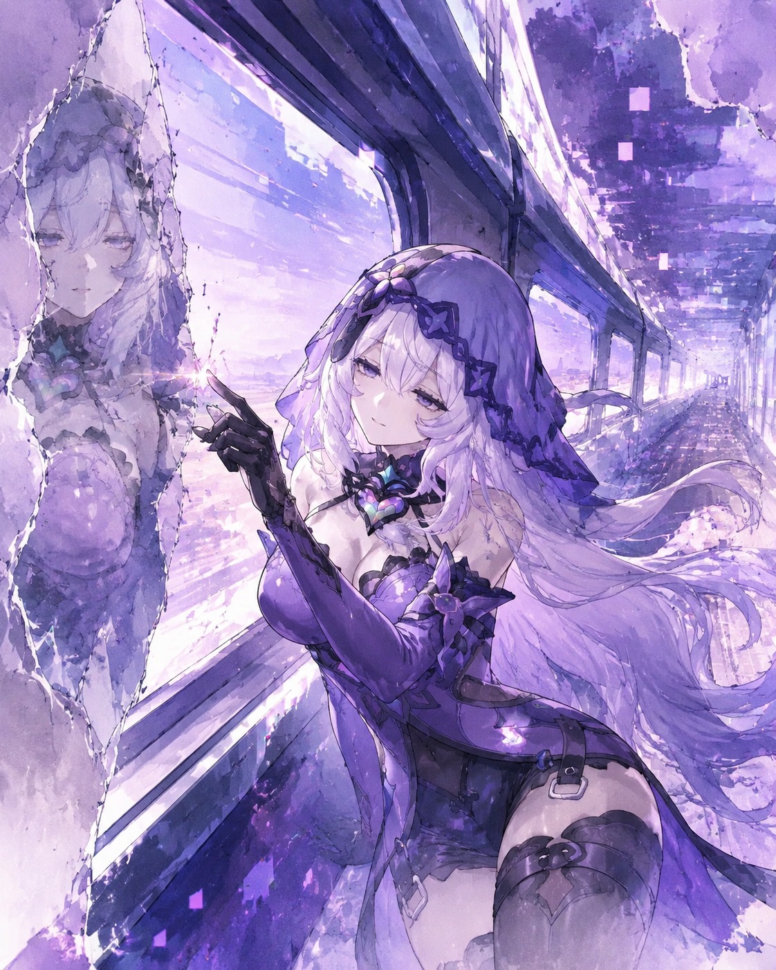 Tracing the edge of a jagged mirror shard On a high-speed train racing through a digital void (ethereal watercolor, soft lavender lighting)