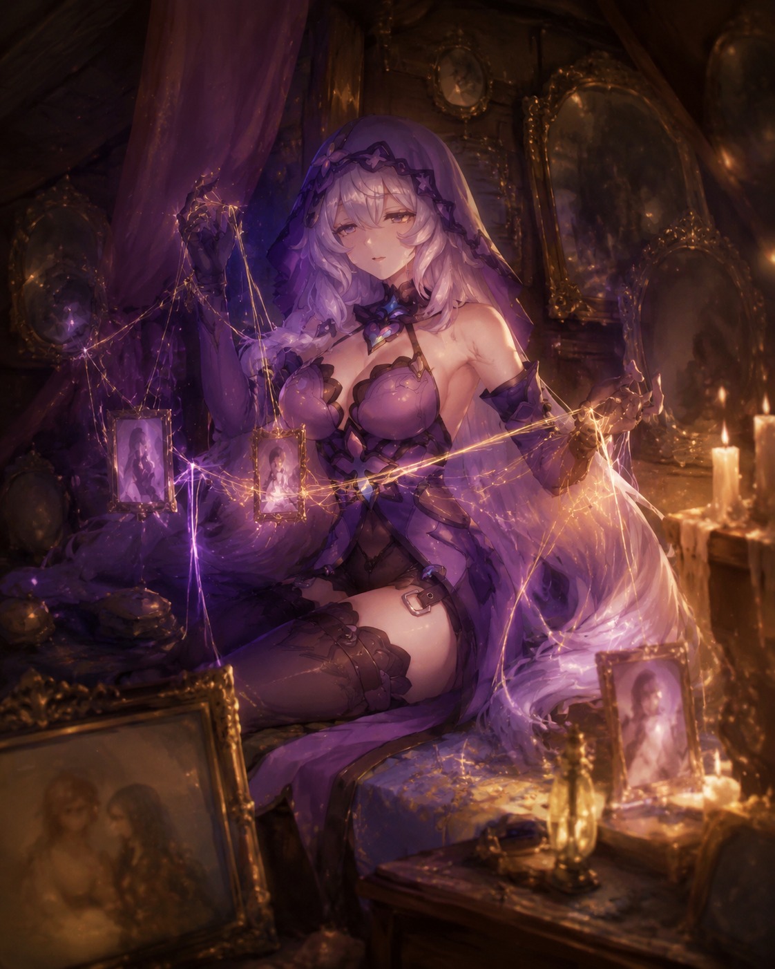 Weaving luminous threads of forgotten memories In a cluttered attic filled with antique mirrors (soft oil painting, warm candlelight and blurred edges)