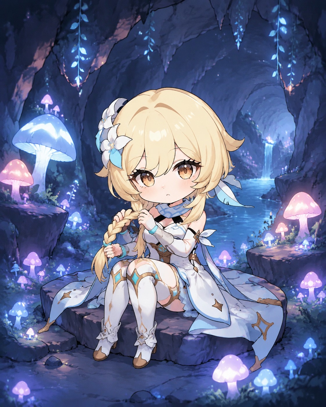 Braiding her golden hair In a dark cavern illuminated by glowing mushrooms (chibi cute, pastel palette)