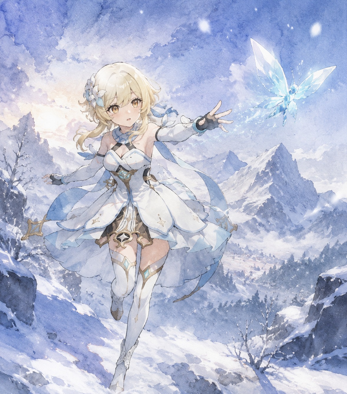Chasing a glowing crystalfly On a snowy peak in Dragonspine (watercolor anime, soft lighting)