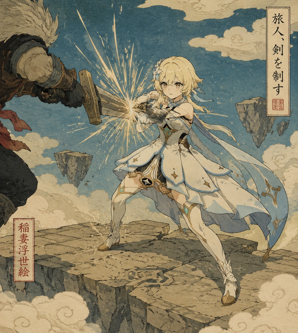 Parrying a heavy claymore strike On a floating stone platform above the clouds (ukiyo-e woodblock, traditional flat colors)