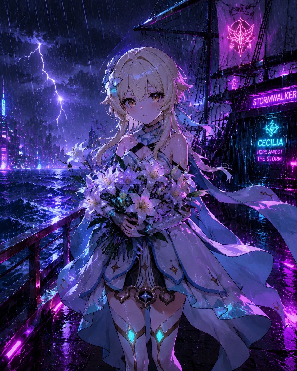 Picking a bouquet of cecilias On the deck of a ship during a storm (neon cyberpunk, glowing accents)