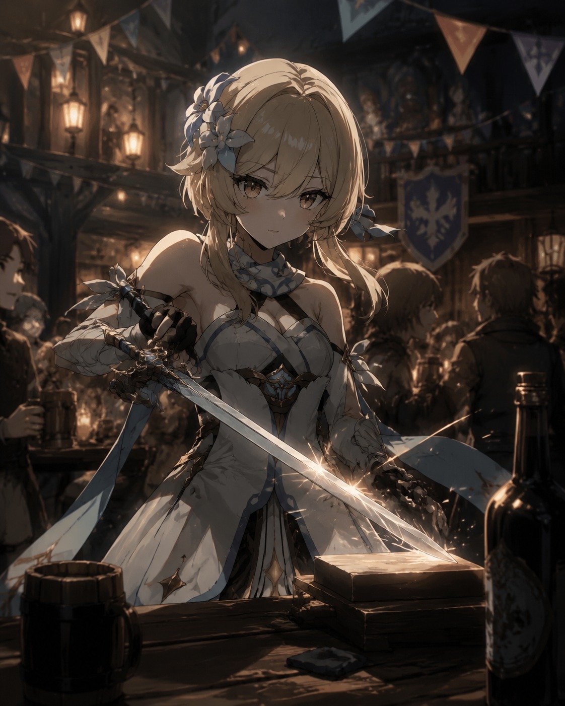 Sharpening her silver sword At a lively Mondstadt tavern during a festival (cinematic noir, dramatic shadows)