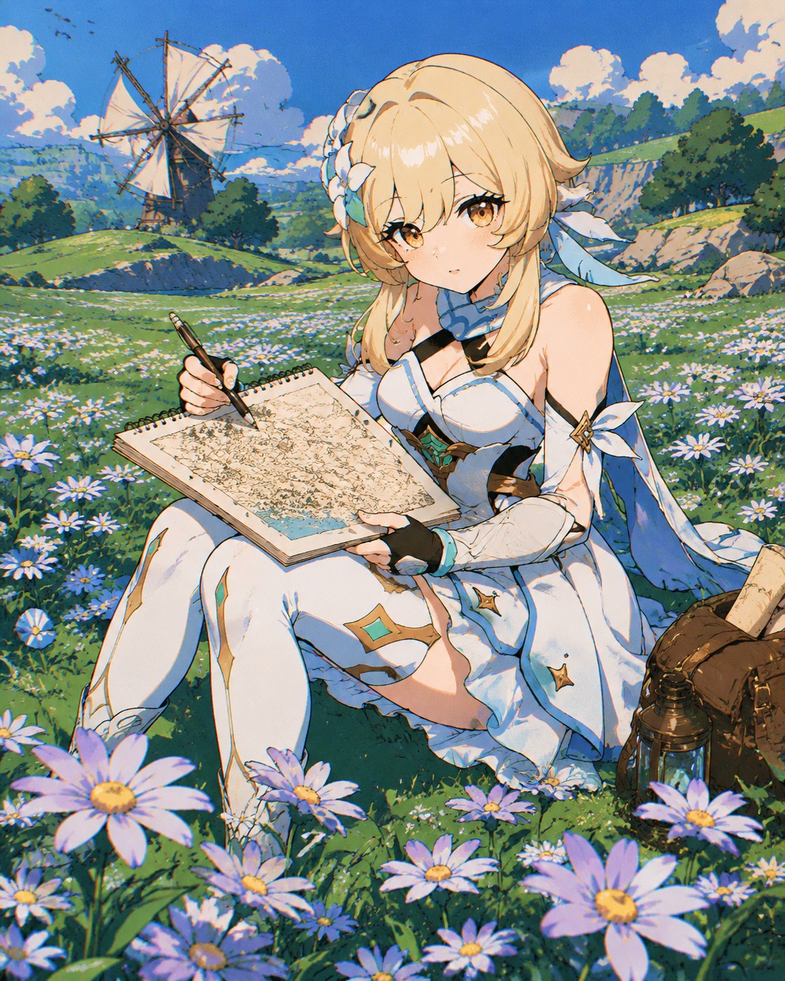 Sketching a detailed map In a sunlit meadow of Windwheel Asters (retro 90s cel-shaded, vibrant colors)