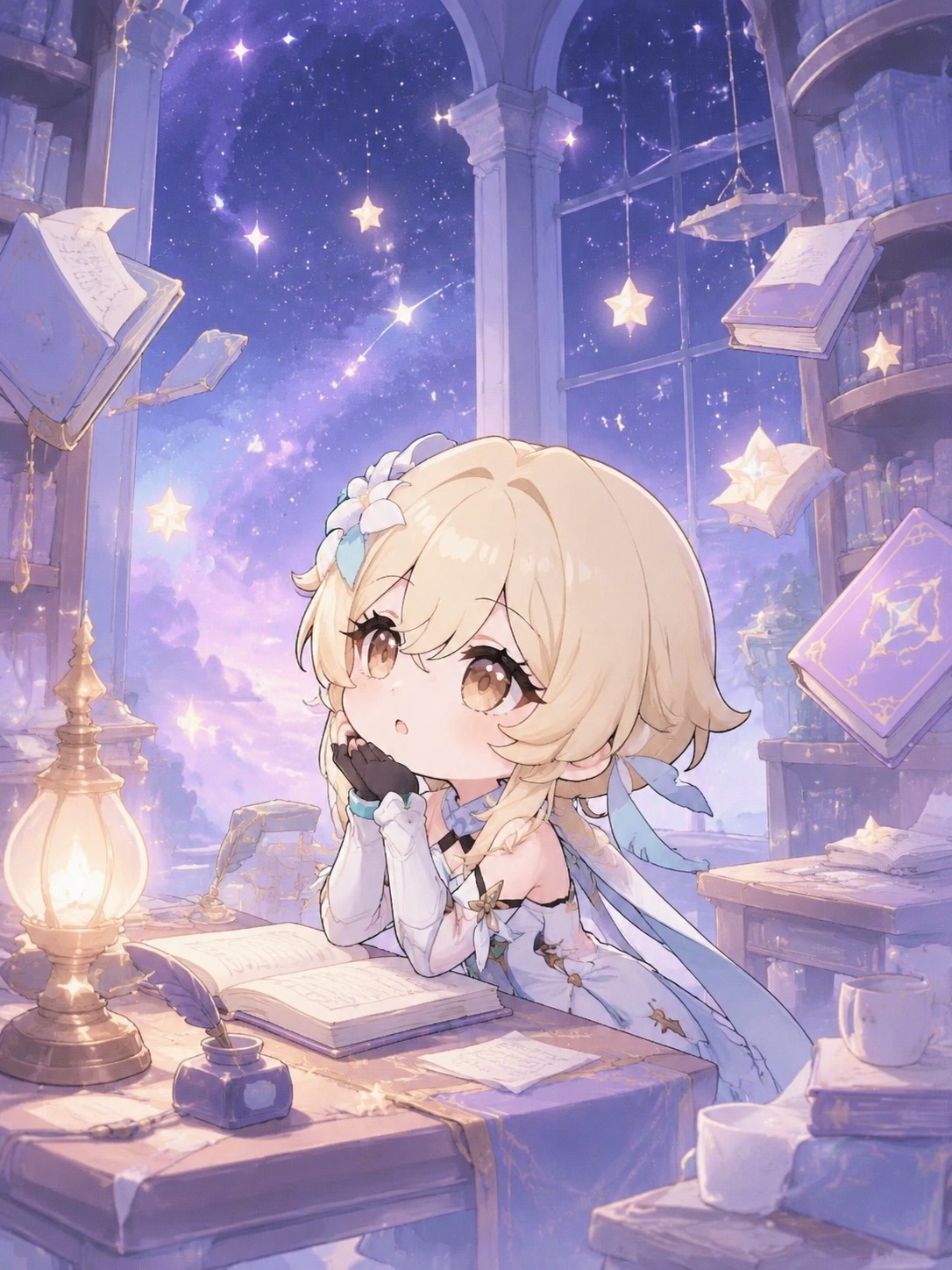Staring longingly at distant stars In a quiet library filled with floating books (chibi cute, pastel palette)