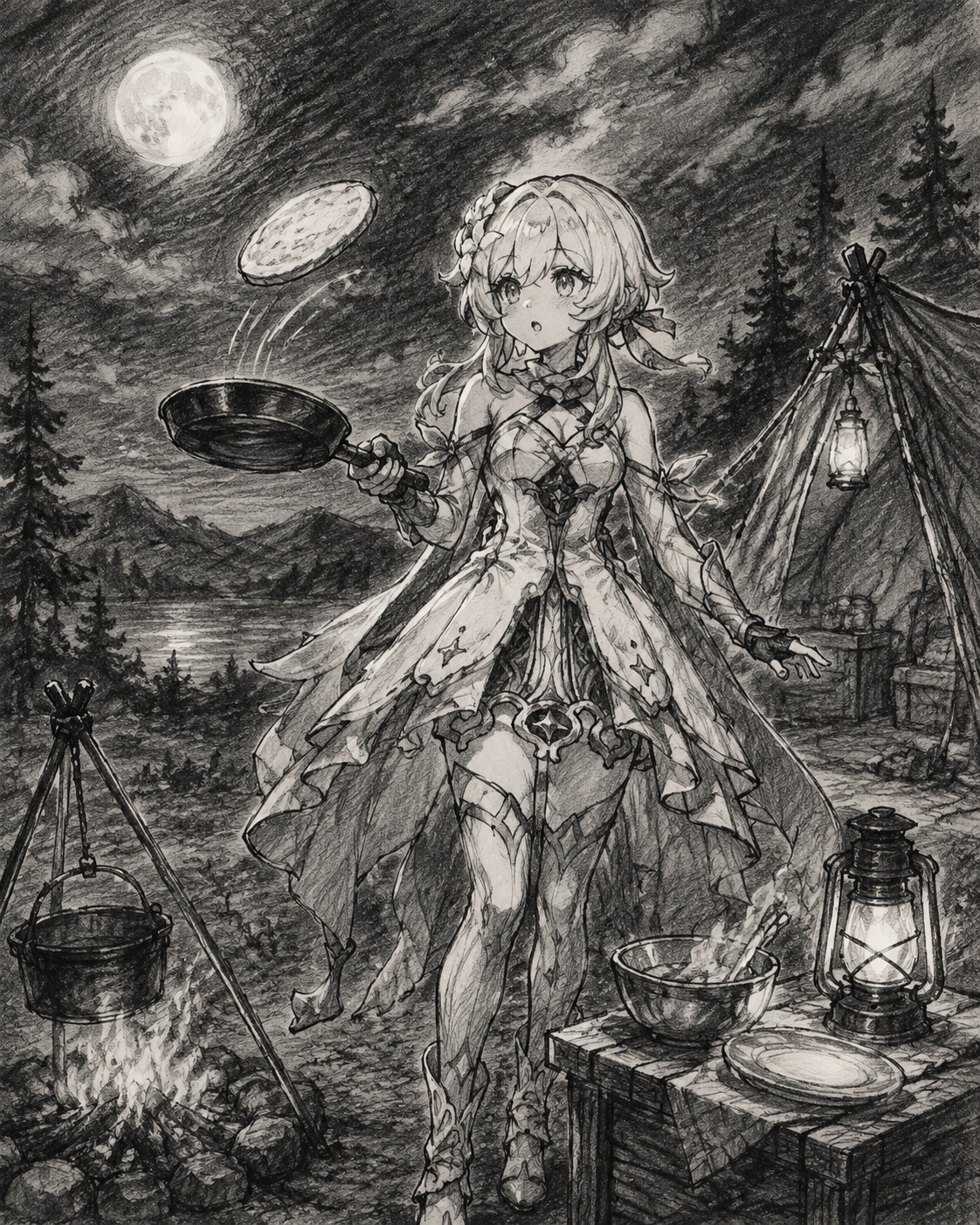 Trying to flip a pancake At a cozy campsite under the moon (charcoal sketch, rough cross-hatching)