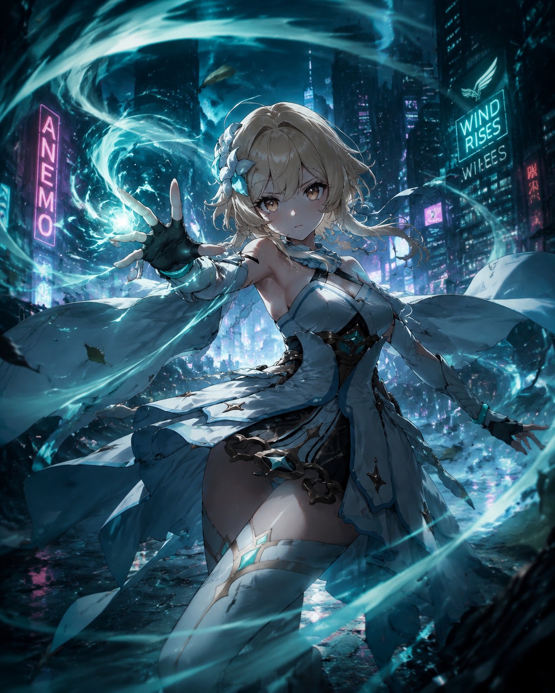 Unleashing a swirling anemo blast In a futuristic neon cityscape (cinematic noir, dramatic shadows)