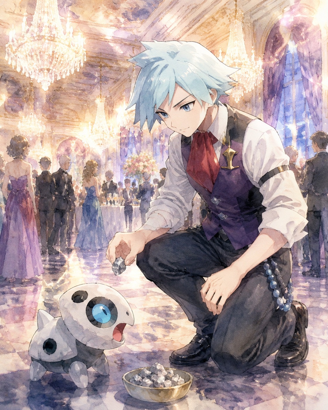 Feeding iron chunks to a hungry aron At a sophisticated gala under crystal chandeliers (watercolor anime with soft lens flare)