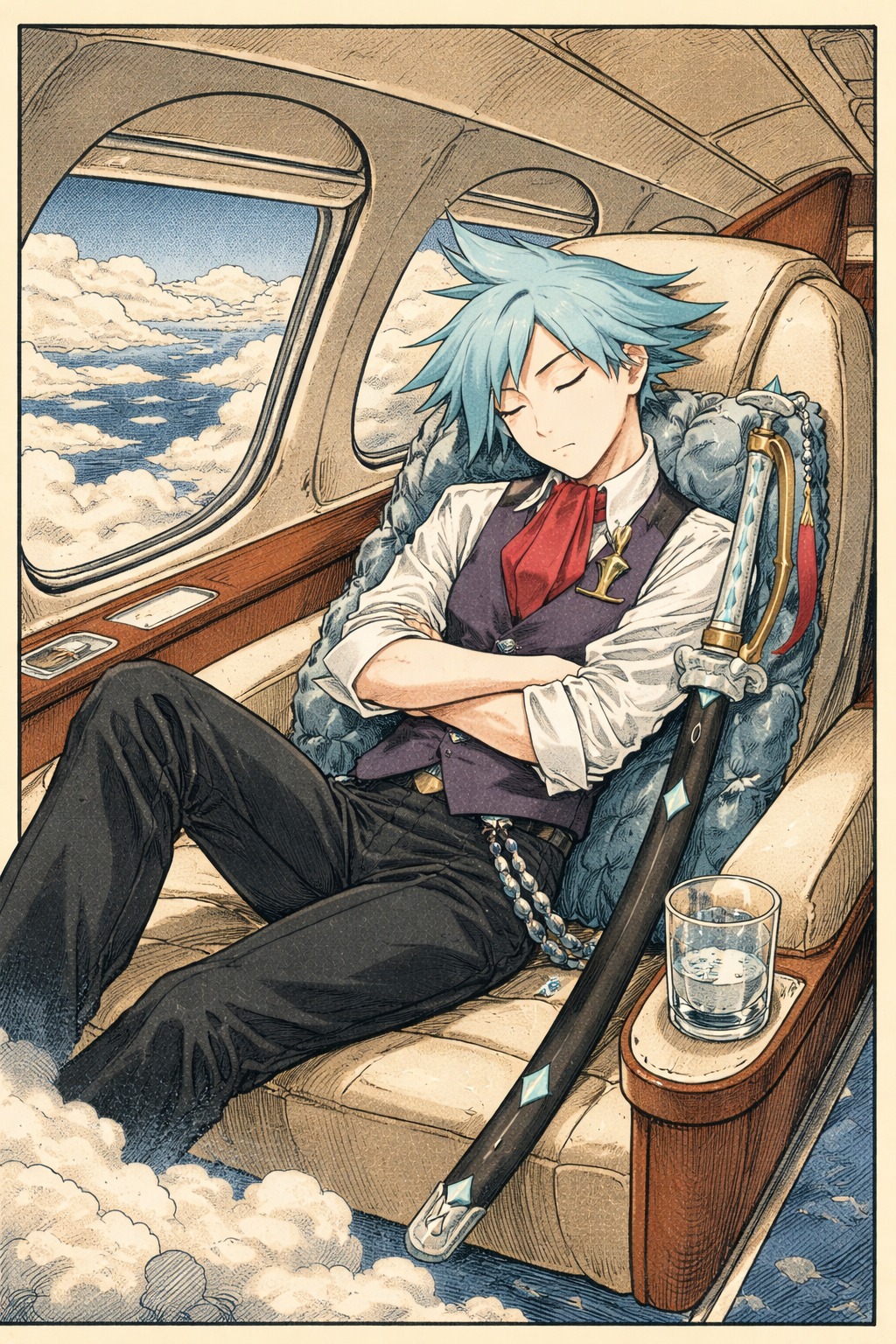 Napping against a cold stalagmite On a sleek private jet flying above the clouds (ukiyo-e woodblock print with bold outlines)