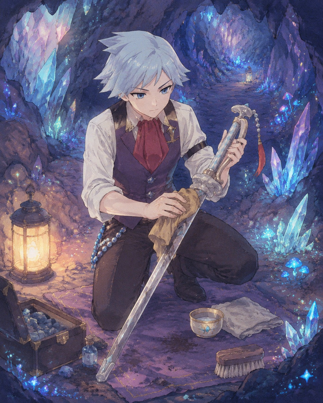 Polishing a dirty silver mega stickpin In a deep crystal-lined cavern with bioluminescent glow (whimsical storybook illustration with pastel textures)