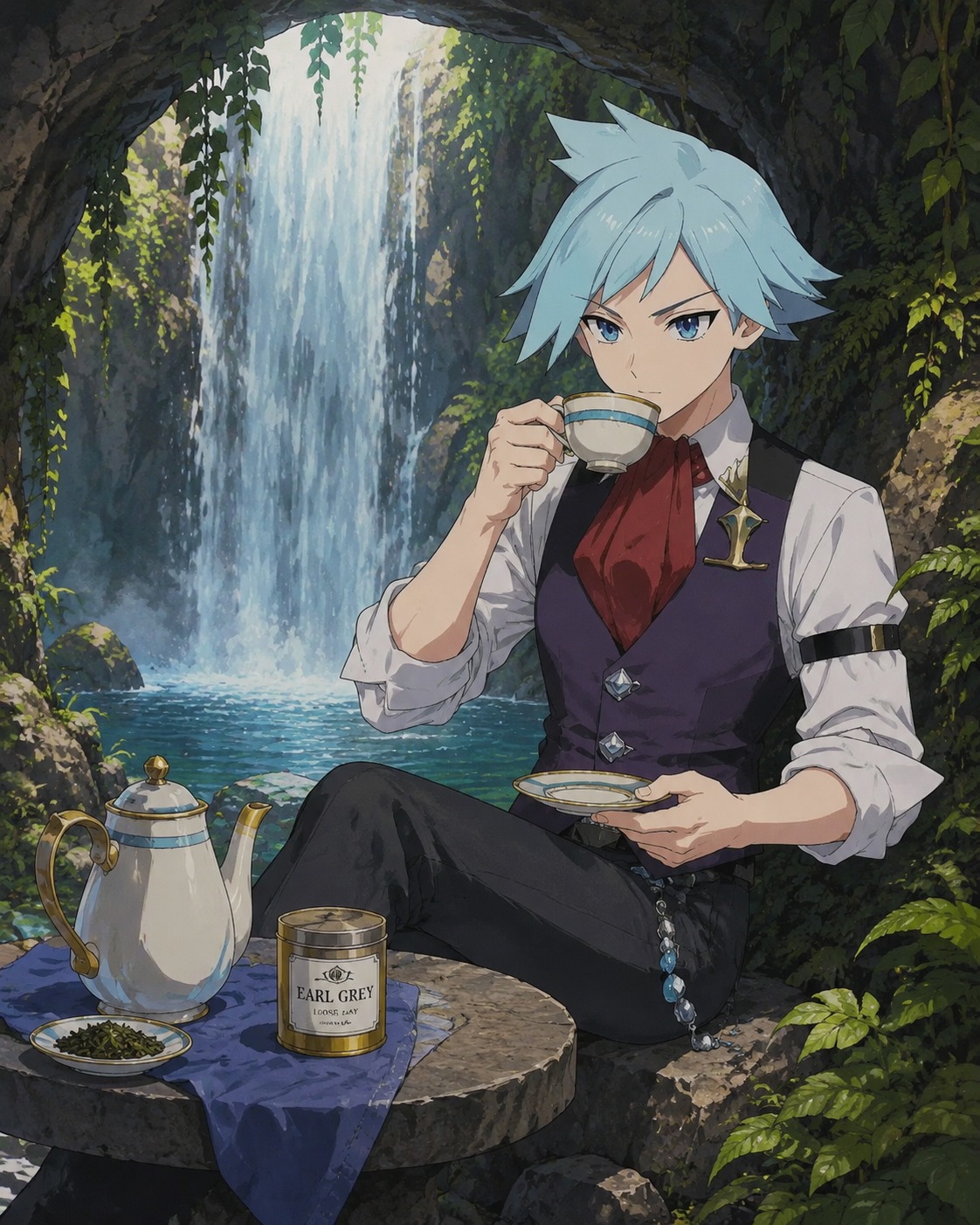 Sipping hot loose-leaf earl grey tea In a lush hidden grotto under a waterfall (retro 90s cel-shaded anime aesthetic)