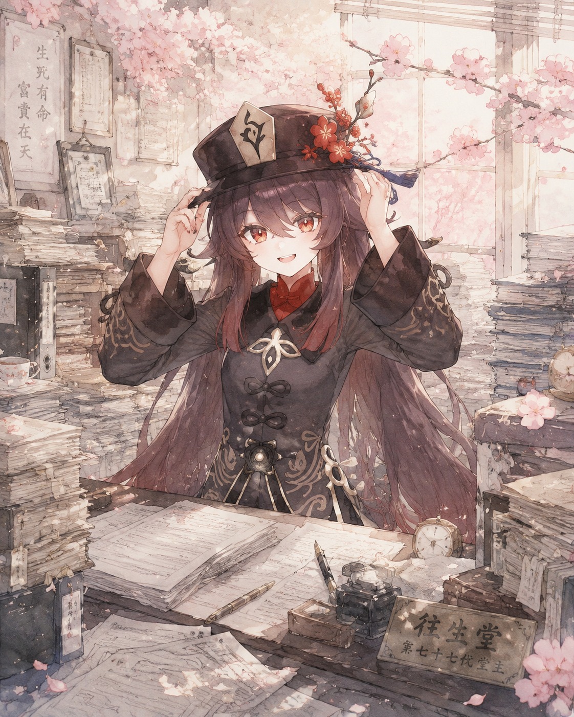 Adjusting her plum-blossom hat In a cluttered office with stacks of papers (soft watercolor, pastel cherry blossoms)