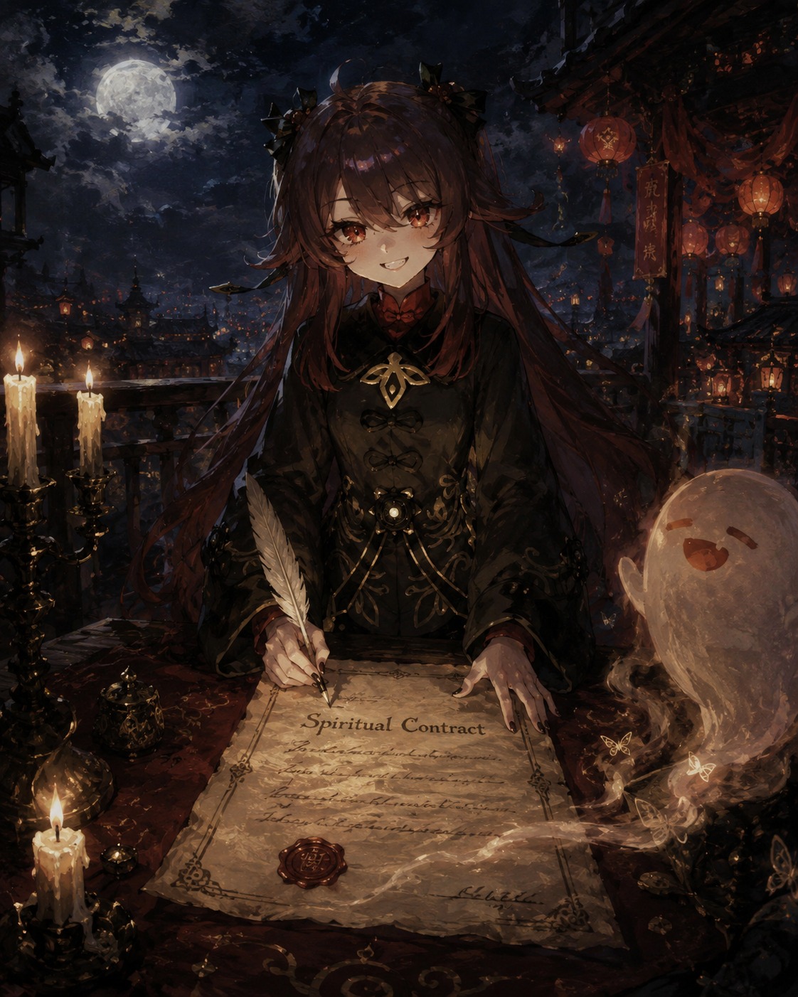 Sealing a spiritual contract On a moonlit rooftop during a festival (moody gothic oil painting, candlelight)