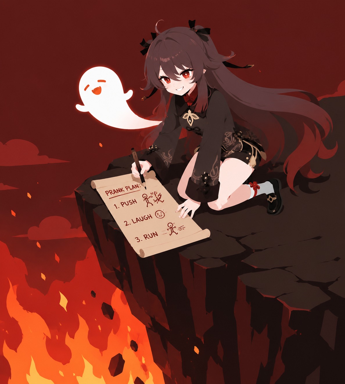 Sketching a mischievous prank At the edge of the fiery abyss (minimalist vector art, flat bold colors)