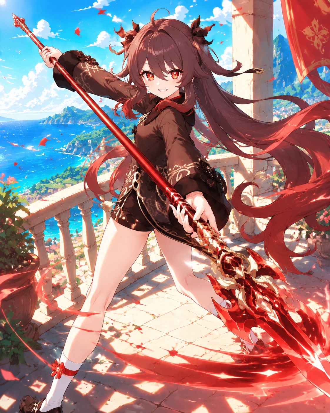 Swinging a crimson polearm On a sun-drenched balcony overlooking the sea (vibrant anime, high-contrast cell shading)