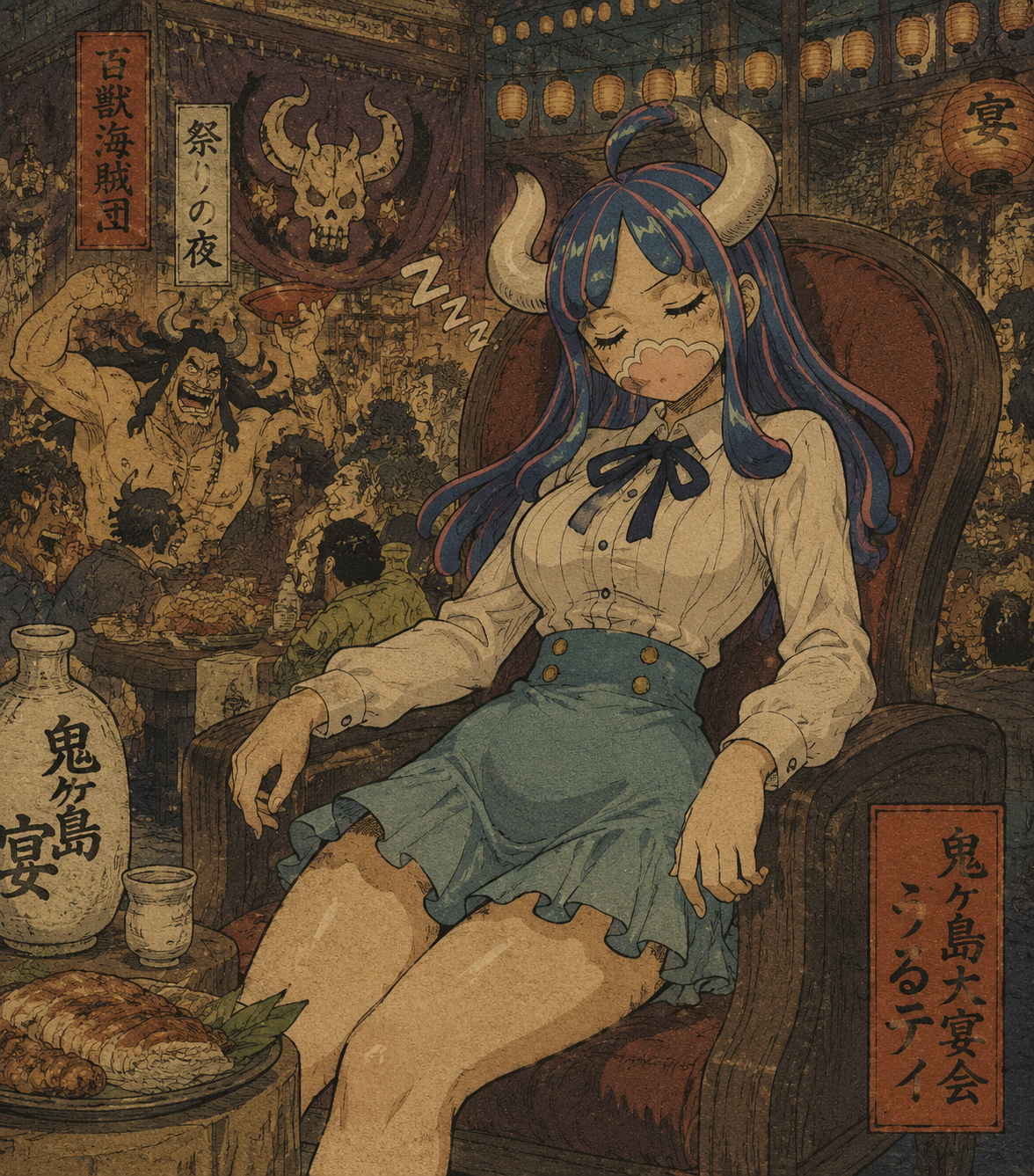 Dozing off while sitting upright in a large chair At the festive Banquet Hall in Onigashima (ukiyo-e woodblock print style, muted traditional earth tones)