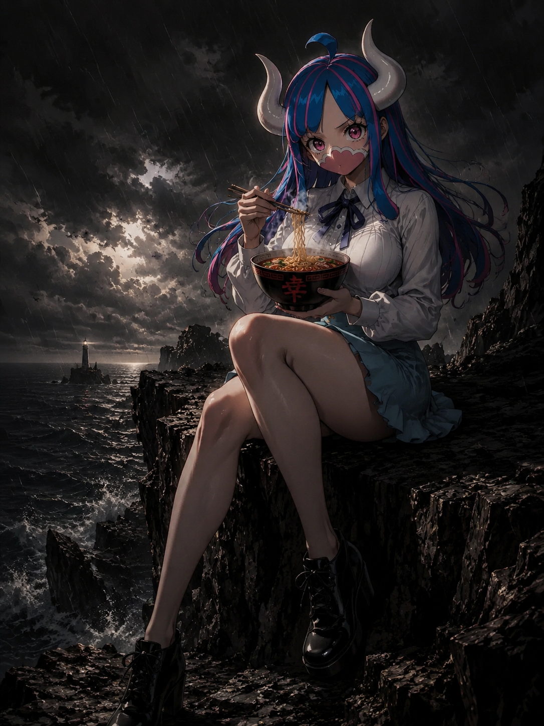 Eating a steaming bowl of spicy ramen On a jagged cliff overlooking a stormy dark sea (cinematic noir, heavy shadows and gritty textures)