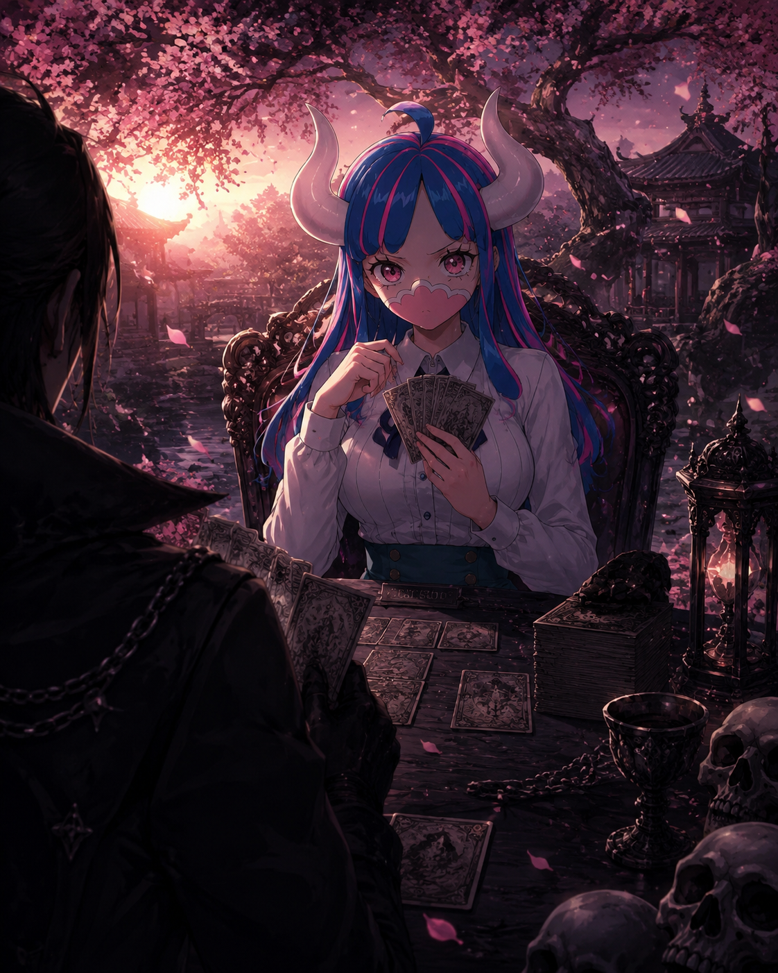 Playing a competitive game of cards with high stakes In a peaceful cherry blossom garden at sunrise (dark fantasy illustration, somber and gothic atmosphere)