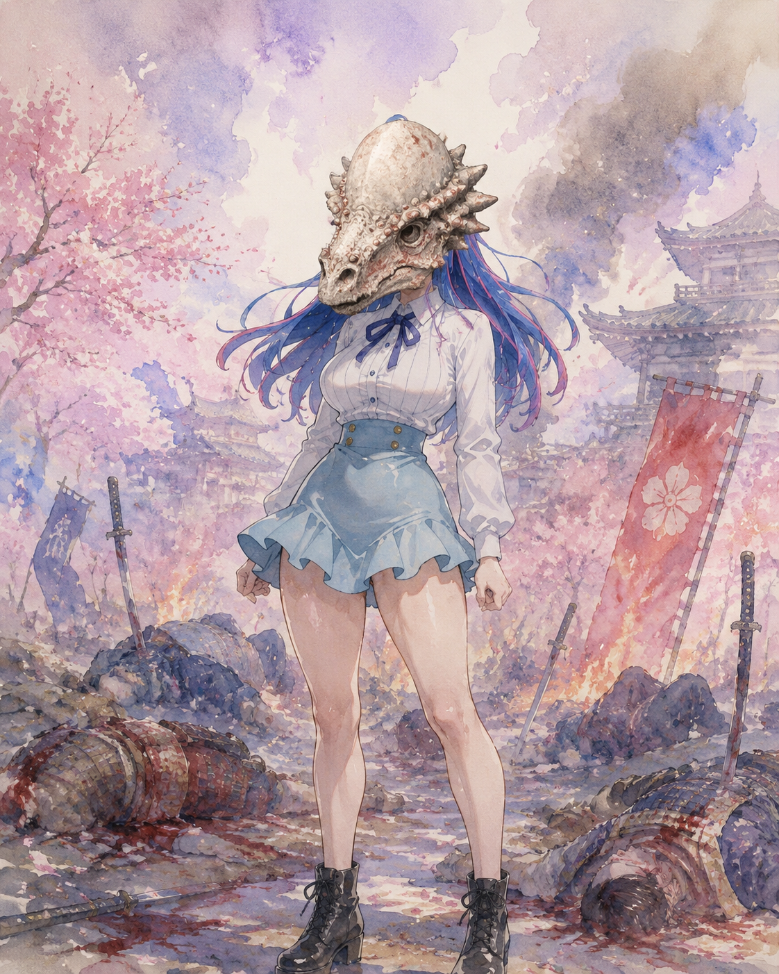 Transforming her head into a thick pachycephalosaurus skull On the chaotic battlefield of the Flower Capital (delicate watercolor painting, soft ethereal lighting)