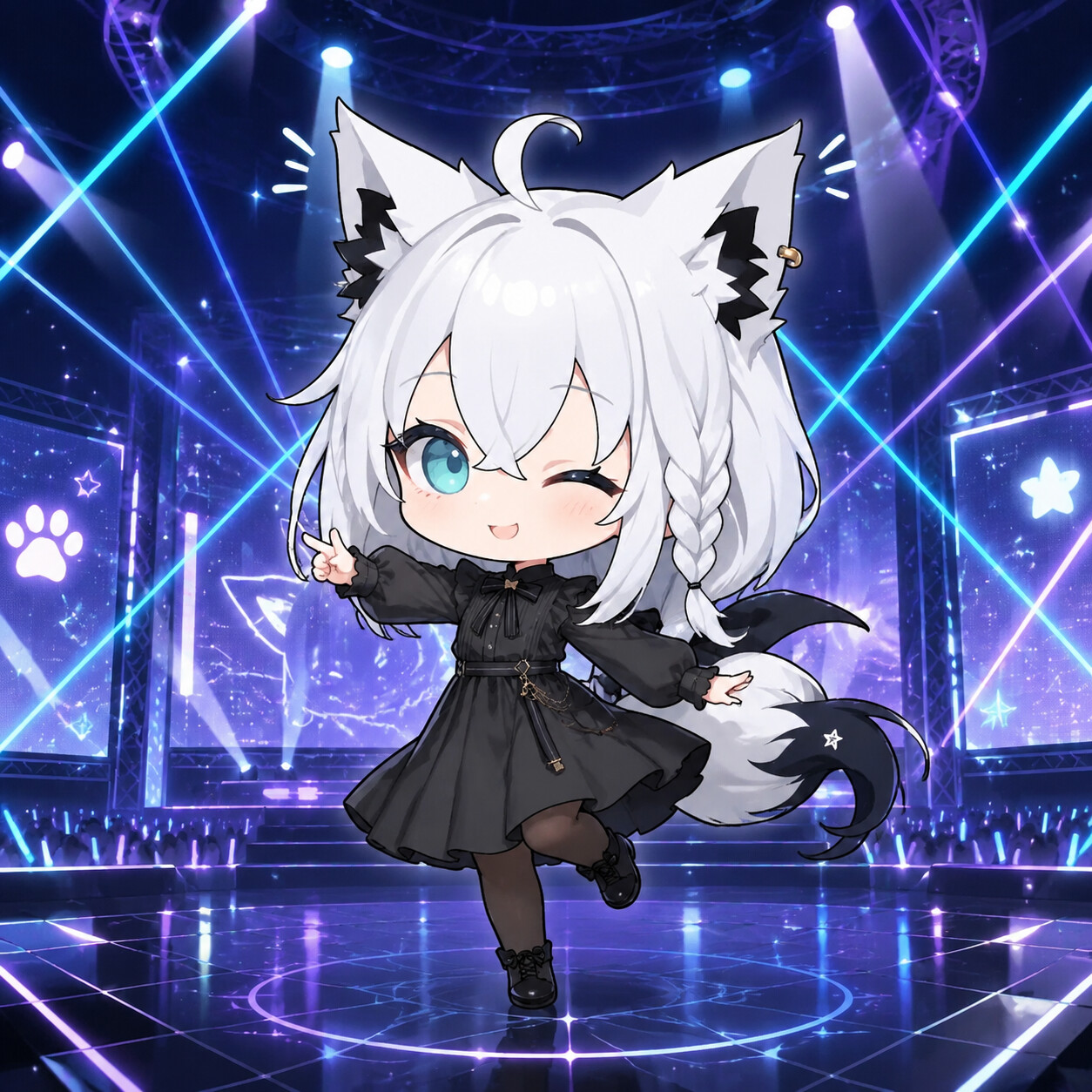 Dancing on stage with her fox ears twitching on a high-tech concert stage with laser lights (chibi art style)