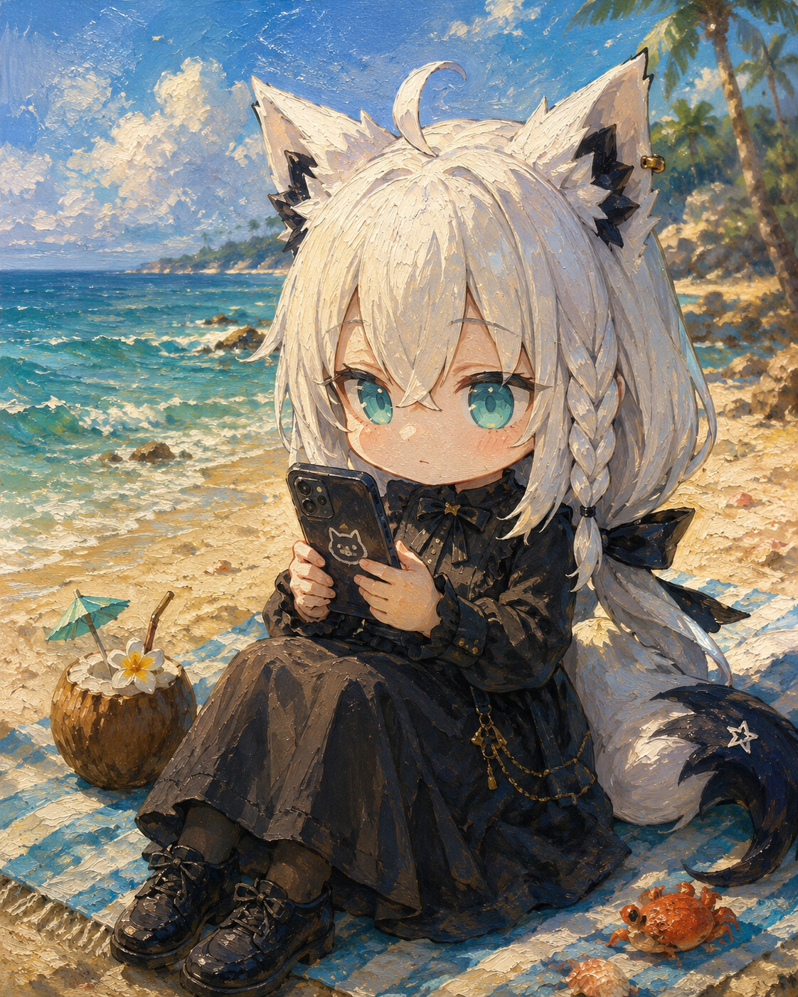 Holding a smartphone and browsing internet memes at a sunny beach with clear turquoise waves (detailed oil painting)