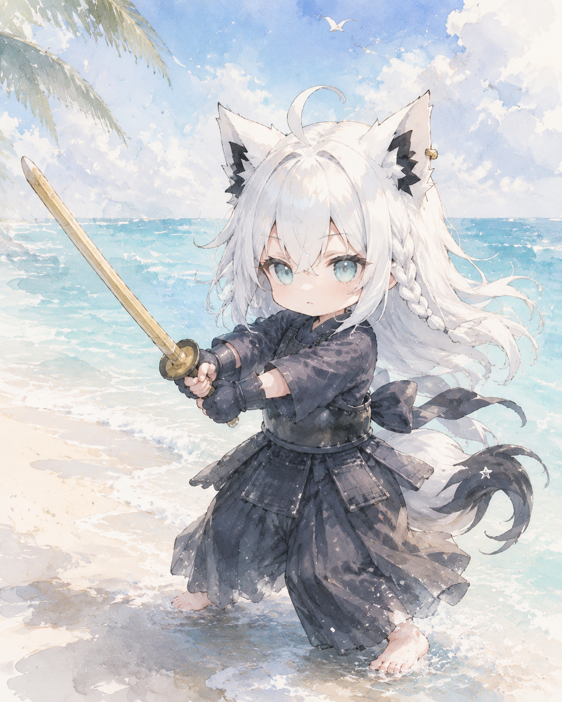 Practicing kendo with a serious and focused gaze At a sunny beach with clear turquoise waves (soft watercolor style, dreamy atmosphere and pastel tones)
