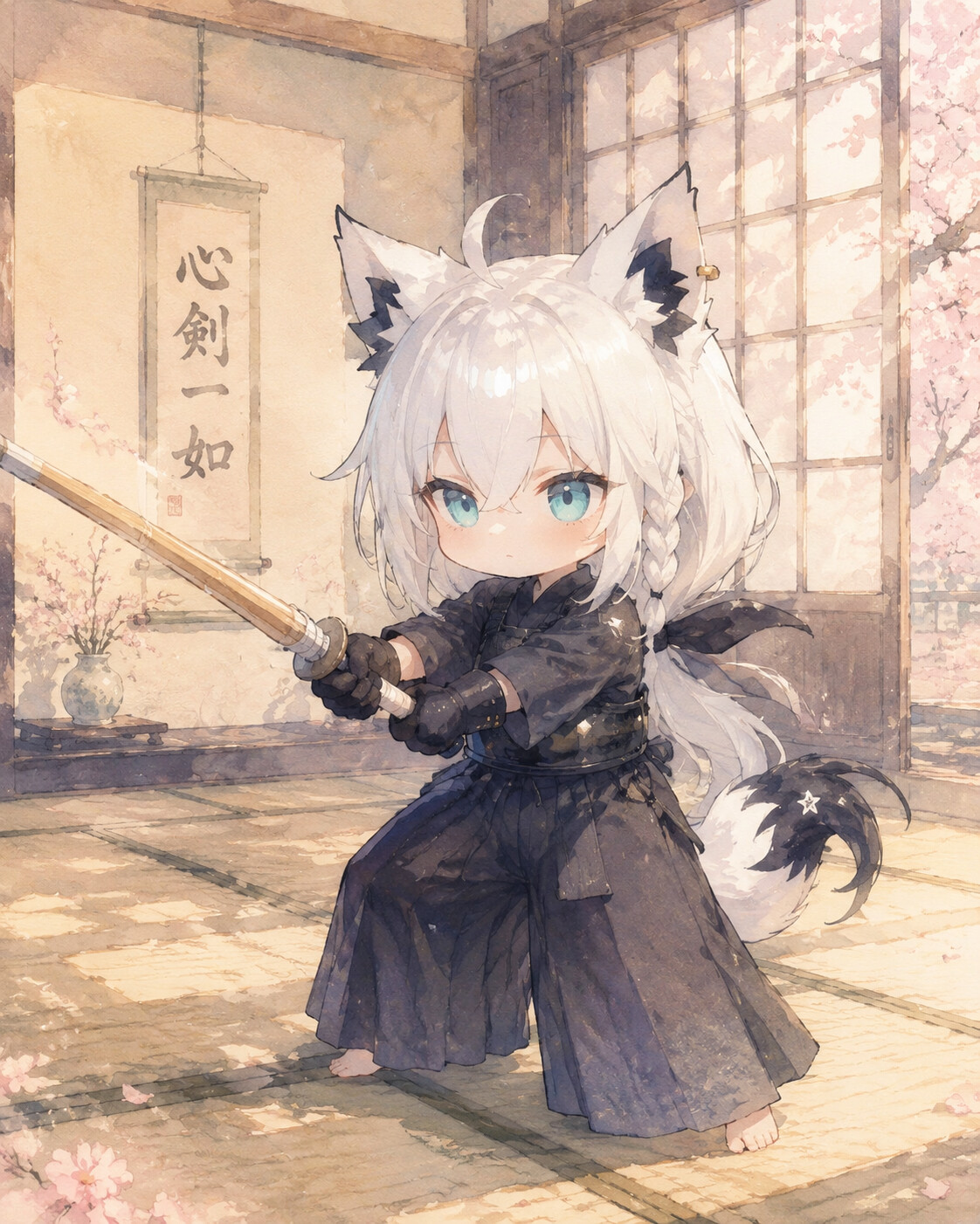 Practicing kendo with a serious and focused gaze in a cozy traditional Japanese room with tatami mats (soft watercolor style)
