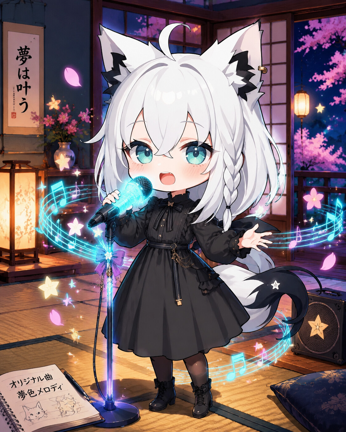 Singing her original song into a glowing microphone in a cozy traditional Japanese room with tatami mats (vibrant anime art)