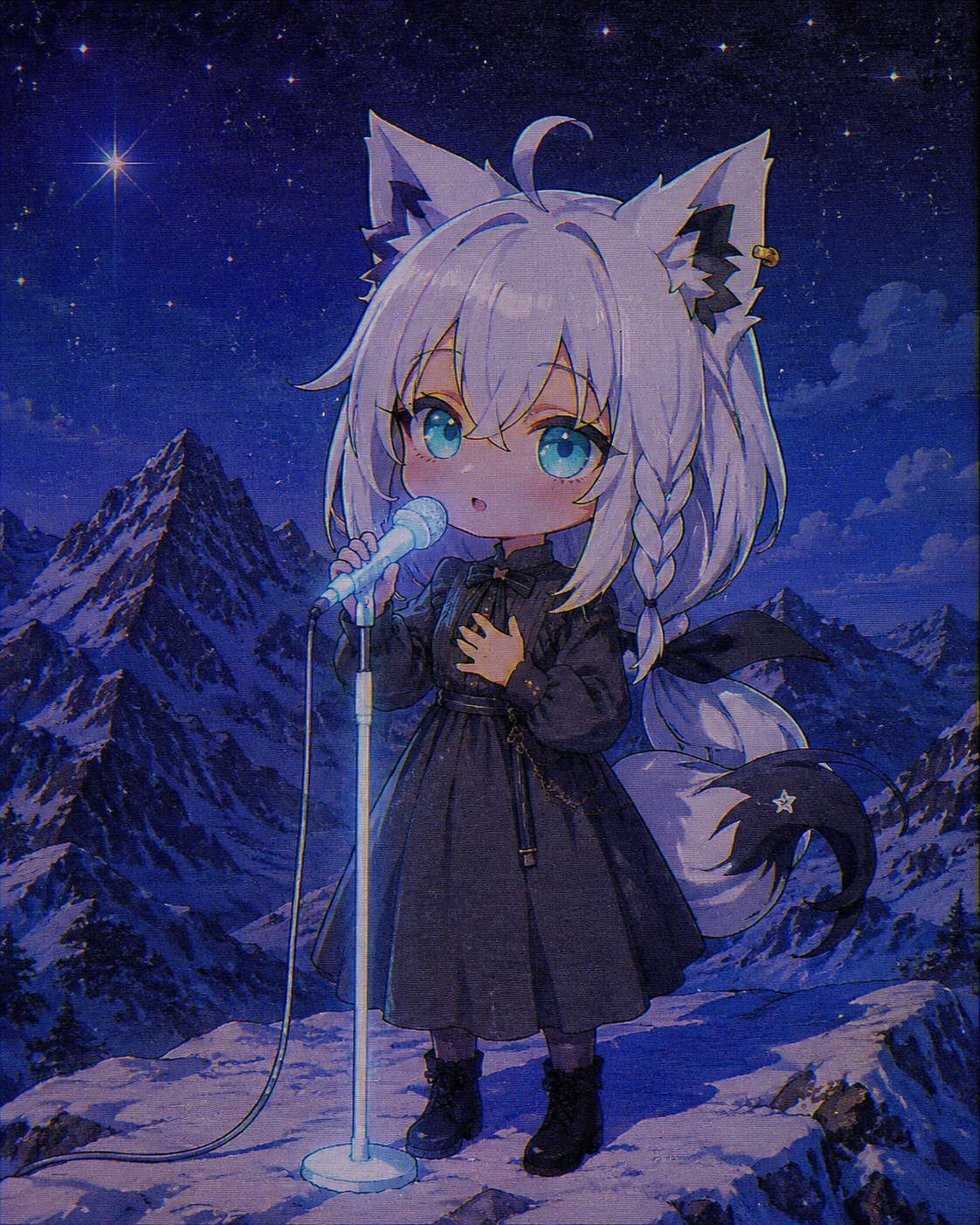 Singing her original song into a glowing microphone on a snow-covered mountain under a starry night sky (vintage 90s anime style)