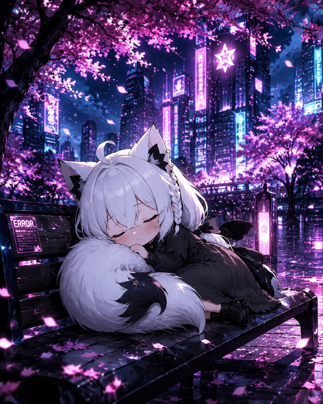 Sleeping peacefully with her bushy white tail curled up In a cherry blossom park during a breezy afternoon (cyberpunk aesthetics, neon lights and high contrast)