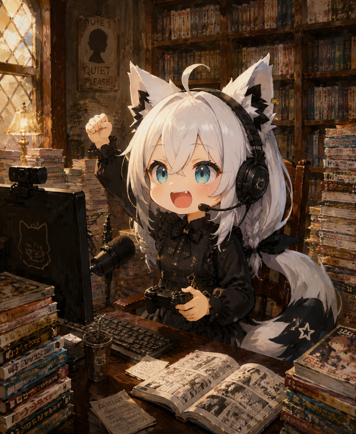 Streaming games while shouting excitedly In a quiet library surrounded by stacks of manga (detailed oil painting, rich textures and warm lighting)