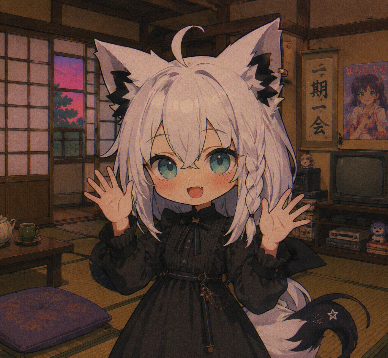 Waving her hands and greeting her fans warmly In a cozy traditional Japanese room with tatami mats (vintage 90s anime style, lo-fi aesthetic with grain)
