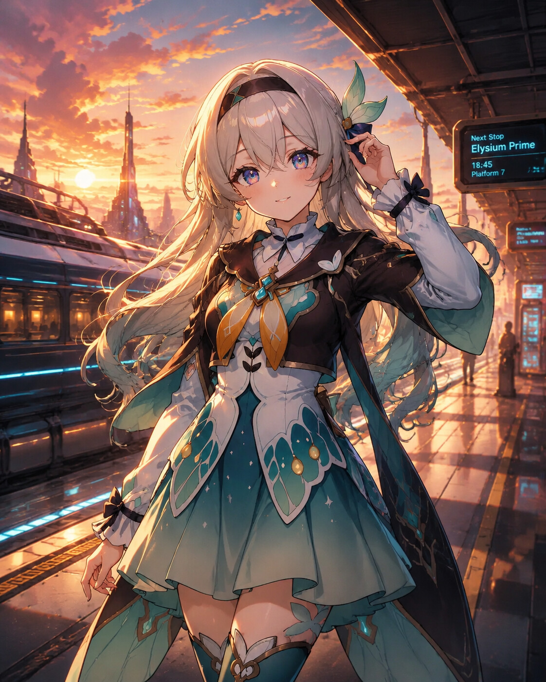Adjusting her hair clip while smiling at a futuristic train station at sunset (cinematic digital painting)